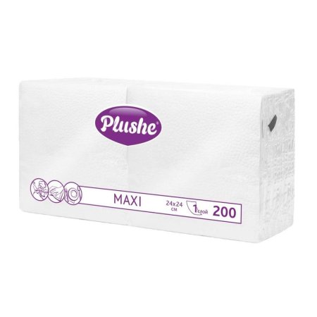 Салфетки бумажные Plushe Maxi 24х24 см белые 1-слойные 200 штук в  упаковке