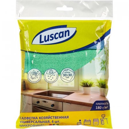 Салфетки хозяйственные Luscan микрофибра 30х30 см 4 штуки в упаковке