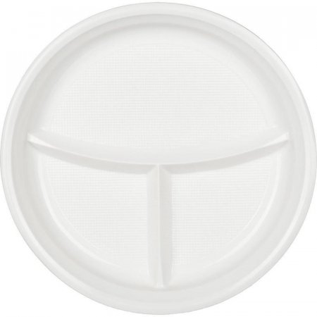 Тарелка одноразовая пластиковая 3-х секционная 220 мм белая 100 штук в упаковке Комус Стандарт