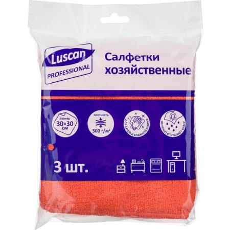 Салфетки хозяйственные Luscan Professional микрофибра 30х30 см 300  г/кв.м красные 3 штуки в упаковке