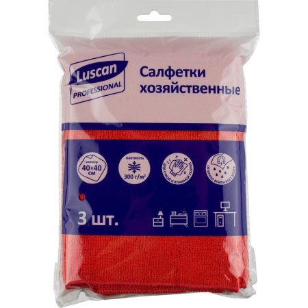 Салфетки хозяйственные Luscan Professional микрофибра 40х40 300 г/кв.м  красные 3 штуки в упаковке