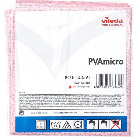Салфетка хозяйственная Vileda Professional ПВА Микро 35х38 см красная 5 штук в упаковке (артикул производителя 143591)