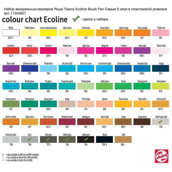 Набор акварельных маркеров Ecoline 5 серых цветов
