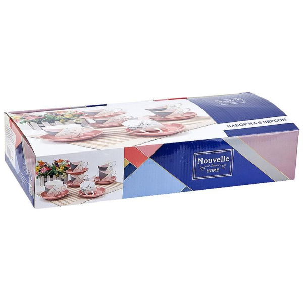 Сервиз чайный Nouvelle Home Мрамор розовый с серым на 6 персон фарфор  (12 предметов)