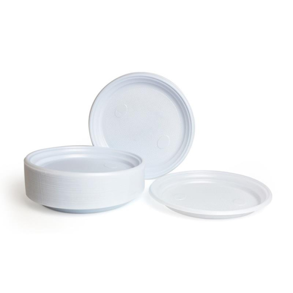 Тарелка одноразовая пластиковая 200 мм белая 100 штук в упаковке Комус  Эконом