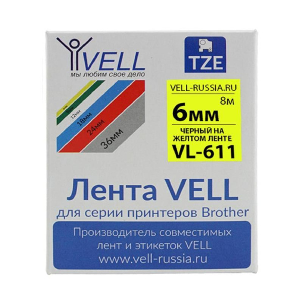 Картридж Vell VL-611 для принтера этикеток (6 мм x 8 м, цвет ленты  желтый, шрифт черный)