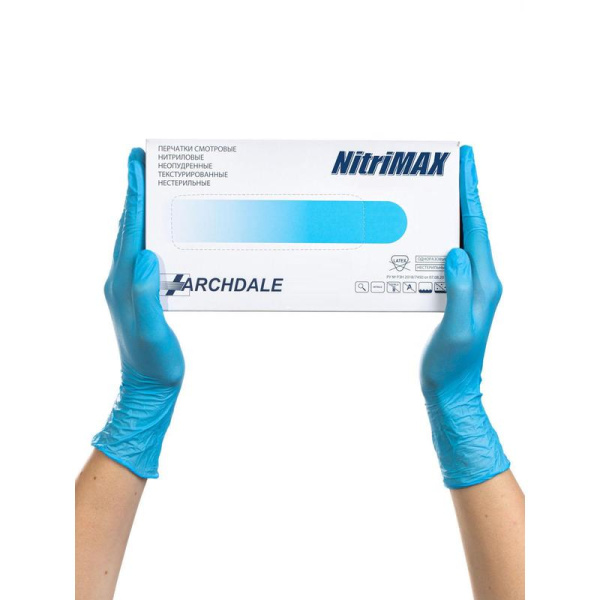 Перчатки медицинские смотровые нитриловые NitriMax нестерильные  неопудренные голубые размер M (100 штук в упаковке)