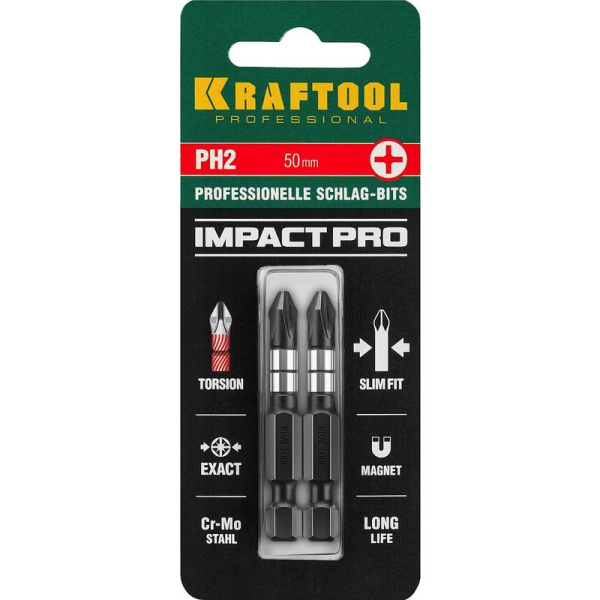 Бита ударная Kraftool Impact Pro PH2 x 50 мм (2 штуки в упаковке,  26191-2-50-S2)