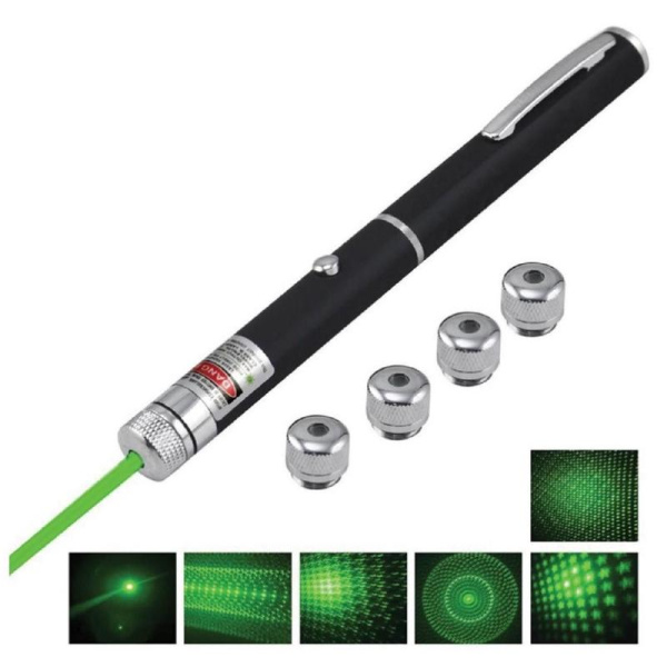 Указка лазерная зеленый луч (радиус действия 1000 м, 5 насадок) черная