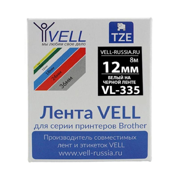Картридж Vell VL-335 для принтера этикеток (12 мм x 8 м, цвет ленты  черный, шрифт белый)