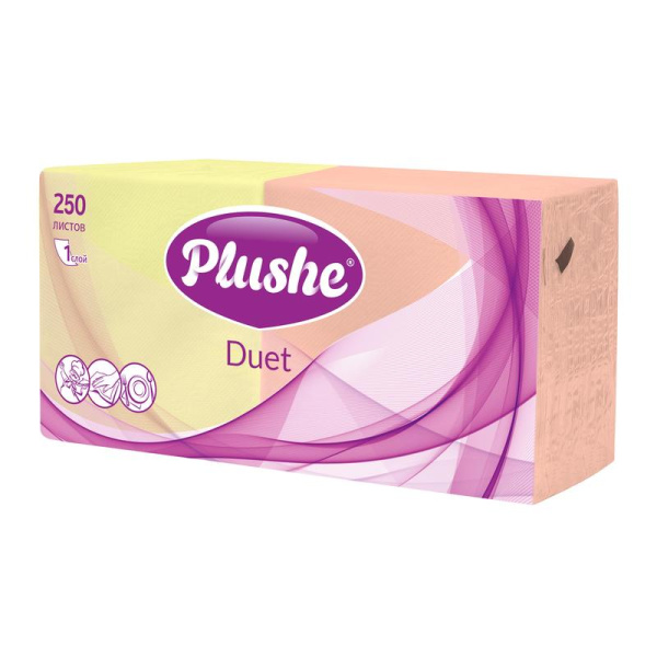 Салфетки бумажные Plushe Duet 24х24 см в ассортименте 1-слойные 250 штук  в упаковке