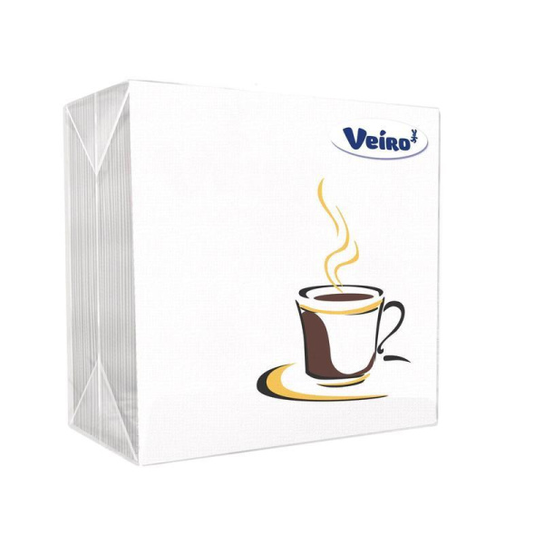 Салфетки бумажные Veiro «Кофе» (1-слойные, 24x24 см, белые с рисунком, 50 штук в упаковке)