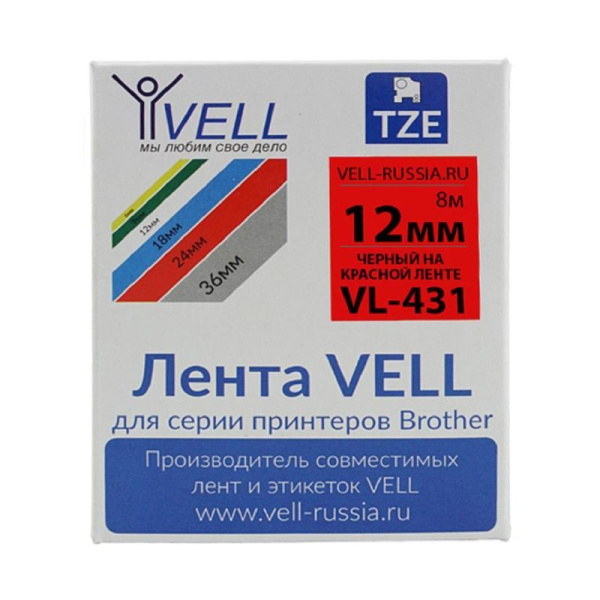 Картридж Vell VL-431 для принтера этикеток (12 мм x 8 м, цвет ленты  красный, шрифт черный)