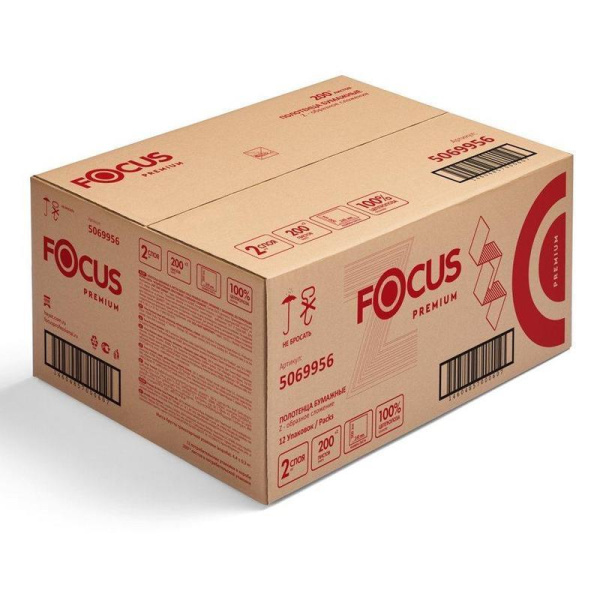 Полотенца бумажные листовые Focus Premium Z-сложения 2-слойные 12 пачек  по 200 листов (артикул производителя 5069956)