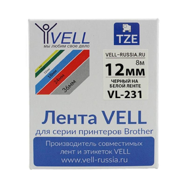 Картридж Vell VL-231 для принтера этикеток (12 мм x 8 м, цвет ленты  белый, шрифт черный)