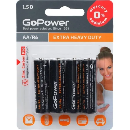 Батарейка AA пальчиковая GoPower Extra Heavy Duty (4 штуки в упаковке)