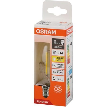 Лампа светодиодная Osram 6 Вт Е14 (ВА, 2700 К, 806 Лм, 220 В,  4058075684997)