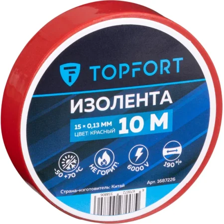 Изолента TOPFORT ПВХ 15 мм x 10 м красная (1687226)