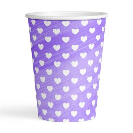 Стакан одноразовый Лавандовое сердце картонный фиолетовый с рисунком 250  мл (6 штук в упаковке)