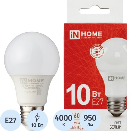Лампа светодиодная In Home 10 Вт E27 A 4000 К 950 Лм матовая  (4690612020211)