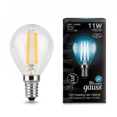 Лампа светодиодная Gauss Filament 11 Вт E14 шарообразная 4100 K холодный  белый