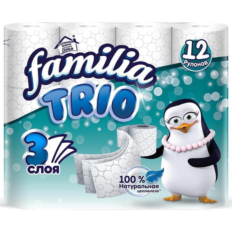 Туалетная бумага "Familia Trio" (4 шт/упак) 3 слоя / длина 15,3 м / Natural / с экстрактом Органичес