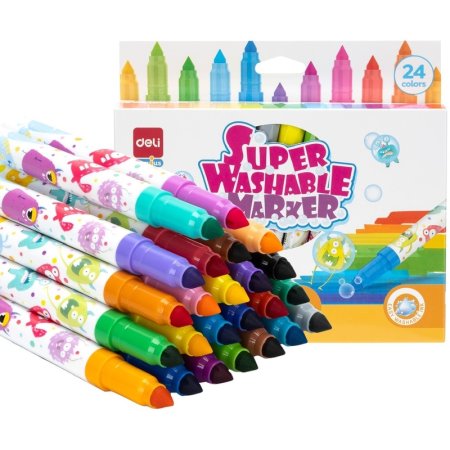Фломастеры Deli Super Washable Marker 24 цвета с вентилируемыми  колпачками смываемые