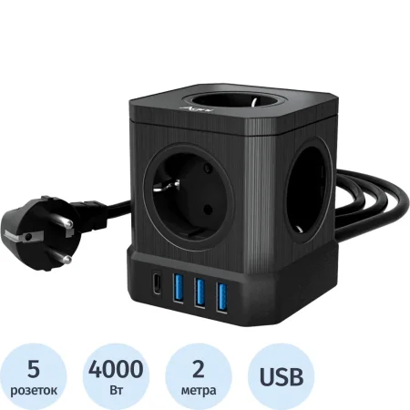 Сетевой фильтр AGNI TP-VE4U5E-C-2m-black на 5 розеток + 4 USB 2 метра чёрный