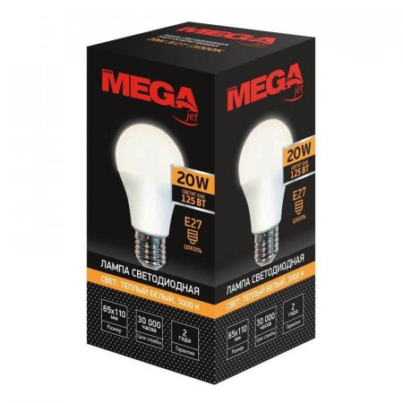 Лампа светодиодная Mega 20 Вт E27 колба 3000 K теплый белый свет