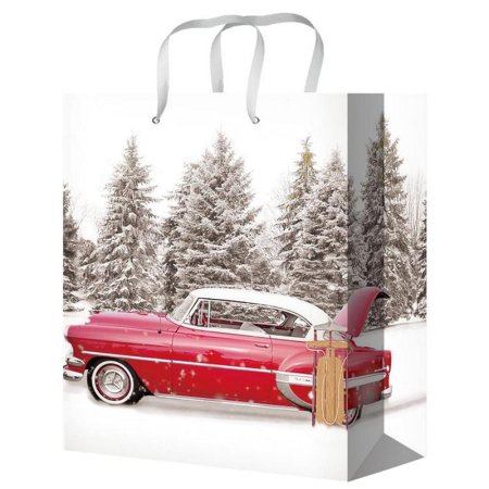 Пакет подарочный ламинированный новогодний Красная машина в заснеженном  лесу (22x31x10 см)