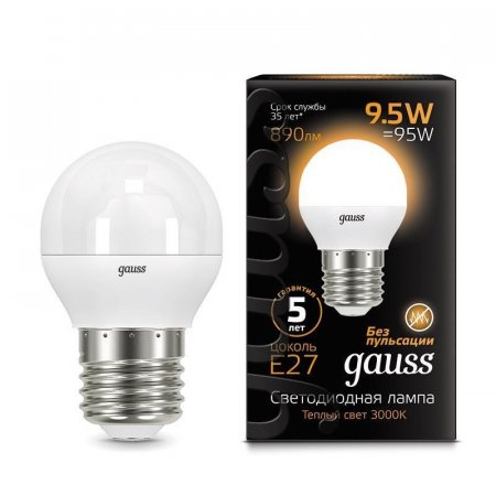 Лампа светодиодная Gauss LED 9.5 Вт E27 шарообразная 3000 K теплый белый свет