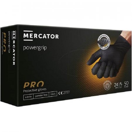 Перчатки одноразовые Mecrator Gogrip нитриловые неопудренные черные  (размер XL, 50 штук/25 пар в упаковке)