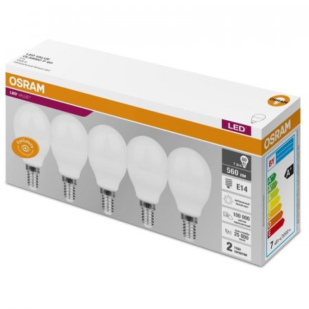 Лампа светодиодная Osram 7 Вт E14 шарообразная 4000 К нейтральный белый  свет (5 штук в упаковке)