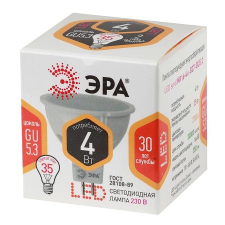 Лампа светодиодная Эра Std LED MR16-4W-827-GU5.3 спот 4Вт GU5.3 2700K  320Лм 220В Б0017897
