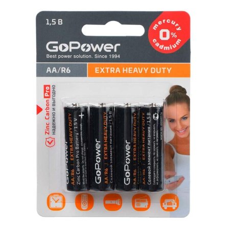 Батарейка AA пальчиковая GoPower Extra Heavy Duty (4 штуки в упаковке)