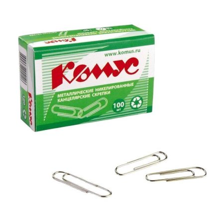 Скрепки канцелярские 28 мм Комус металлические никелированные (100 штук  в упаковке)