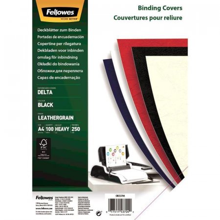 Обложки для переплета картонные Fellowes А4 250 г/кв.м черные текстура кожа (100 штук в упаковке)