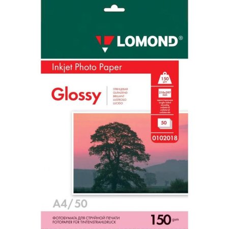Фотобумага для цветной  струйной печати Lomond односторонняя (глянцевая, А4, 150 г/кв.м, 50 листов, артикул производителя 0102018)