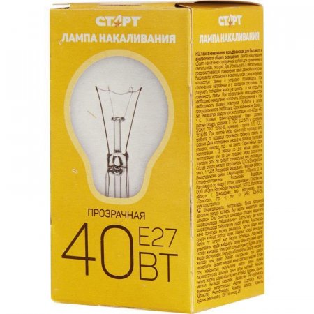 Лампа накаливания Старт 40 Вт E27 грушевидная прозрачная 2700 К теплый белый свет (10 штук в упаковке)