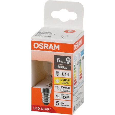 Лампа светодиодная Osram 6 Вт Е14 (Р, 2700 К, 806 Лм, 220 В,  4058075684515)
