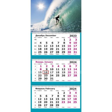Календарь настенный 3-х блочный 2024 год Лови волну (30.5x69.7 см)
