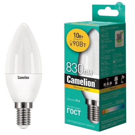 Лампа светодиодная Camelion LED10-C35/830/E14 свеча 10Вт E14 3000K 830Лм  220В 13559