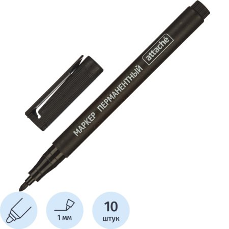 Маркер перманентный Attache чёрный круглый наконечник (толщина линии 1  мм, 10 штук в упаковке)