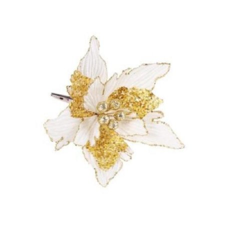 Новогоднее украшение Бело-золотой цветок на клипсе пластик белый  (20х20х18 см)