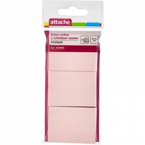 Блок-кубик Attache с клейким краем 38х51 мм розовый 3 блокнота по 100 листов