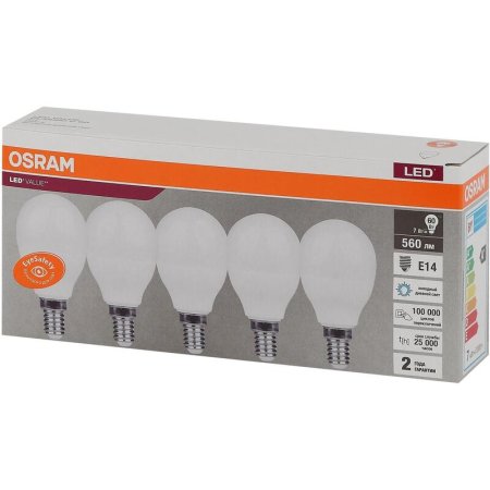 Лампа светодиодная Osram 7 Вт E14 (R, 6500 К, 560 Лм, 220 В, 5 штук в  упаковке, 4058075578166)