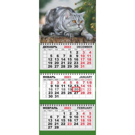 Календарь квартальный трехблочный настенный Трио Стандарт 2023 год Кот  на пеньке (297x320 мм)