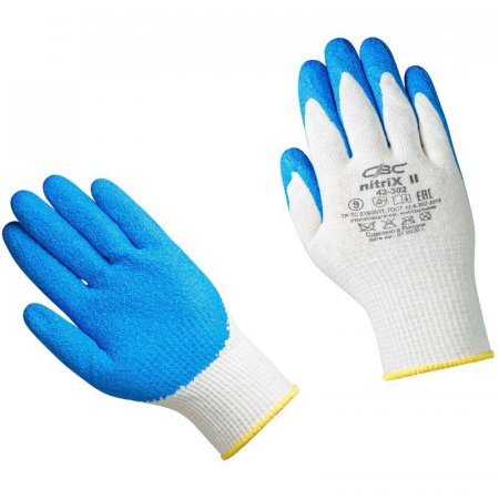 Перчатки защитные трикотажные с латексным покрытием белые/голубые (13  класс, размер 9, L)