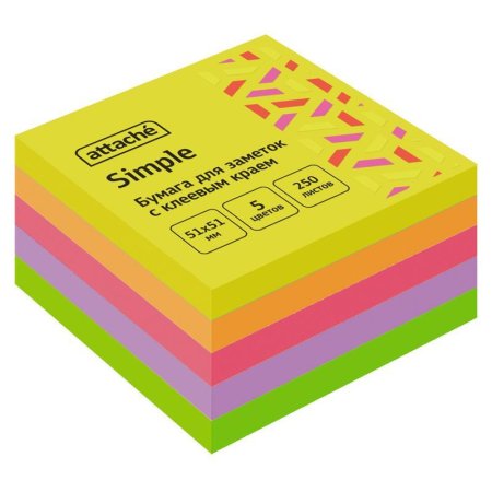 Стикеры Attache Simple 51х51 мм неоновые 5 цветов (1 блок, 250 листов)