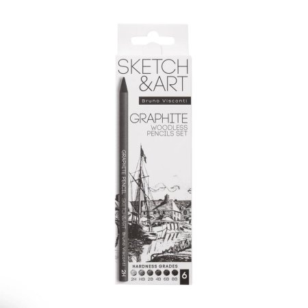 Набор цельнографитовых карандашей (2H-8B) заточенных Sketch&Art  четырехгранных (6 штук в наборе)